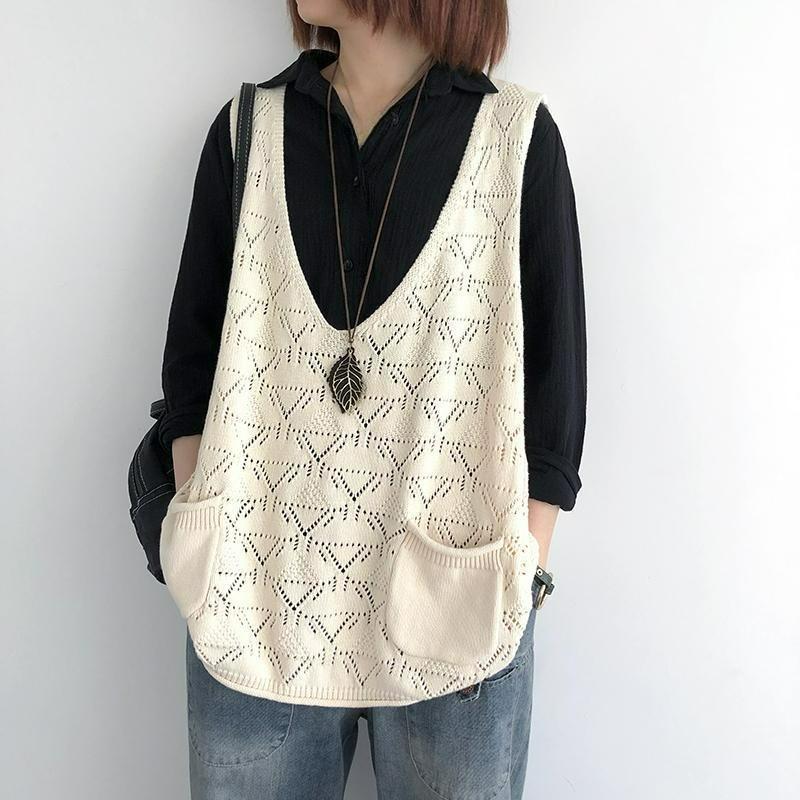 V-neck Rhombic Knitted Vest Women's Spring and Autumn Loose Outer Wear Hollow Sweater Vest Casual Sleeveless Vest