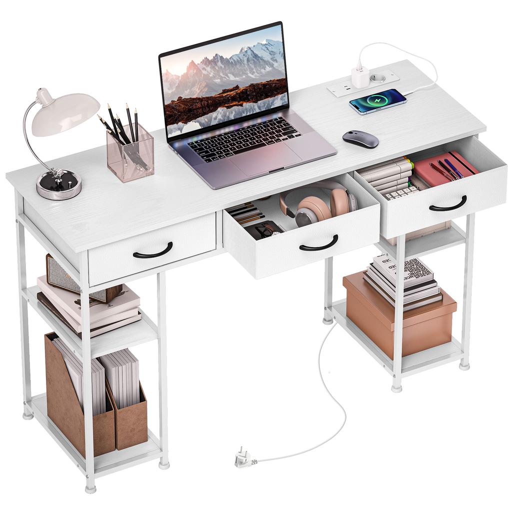 Desk Kitchen Table with 2 USB Charging Ports 2 Power Outlets Adjustable Shelves 3 Fabric Drawers 120x40x76 cm White