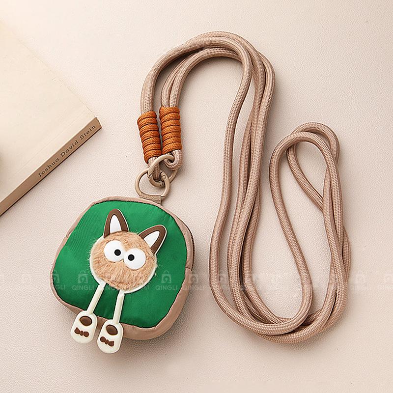 

New Neck Lanyard Coin Purse Women Cute Little Fox Mobile Phone Hanging Bag Earphone Key Storage Bag Portable Small Wallet зелёный