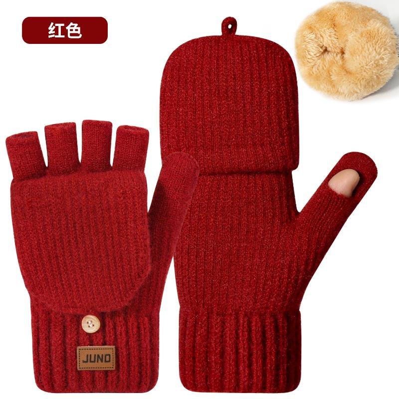 Thickened Women's Leaking Finger Gloves Autumn and Winter Double-layer Velvet Knitted Cold-proof Warm Writing Covered Half-finger Gloves