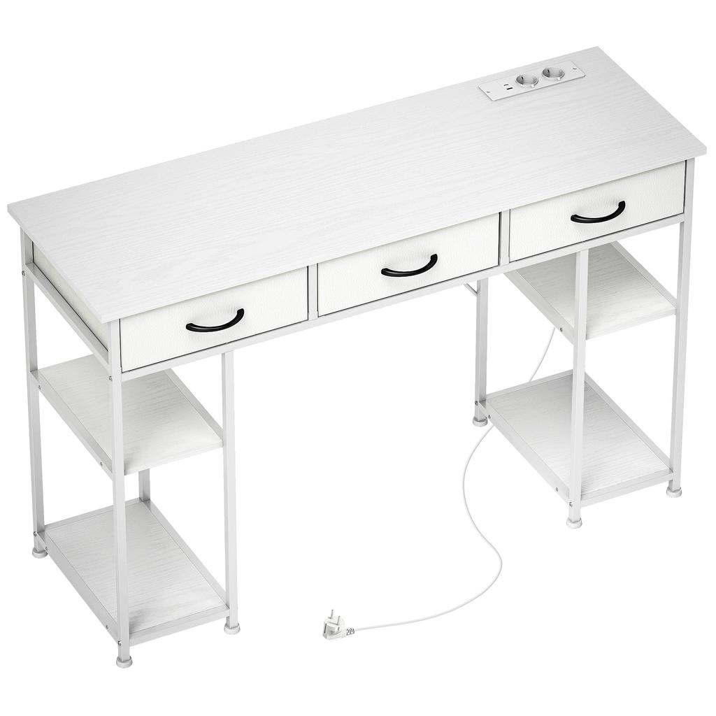 Desk Kitchen Table with 2 USB Charging Ports 2 Power Outlets Adjustable Shelves 3 Fabric Drawers 120x40x76 cm White