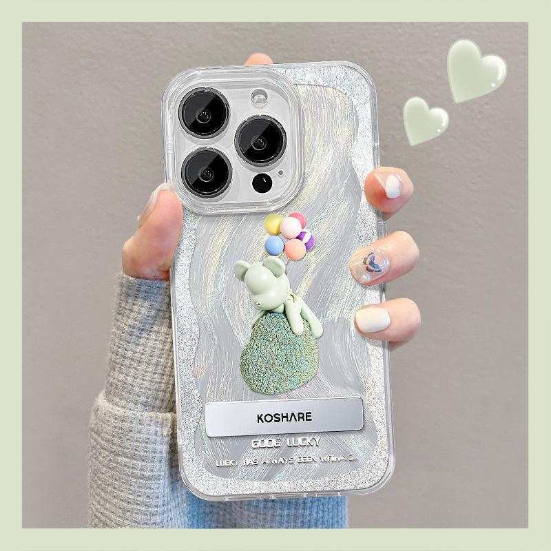 Applicable To Apple 15 Mobile Phone Case Iphone14 Balloon Bear Bracket 13pm Feather Yarn 12 Laser 11 Large Hole Anti-fall