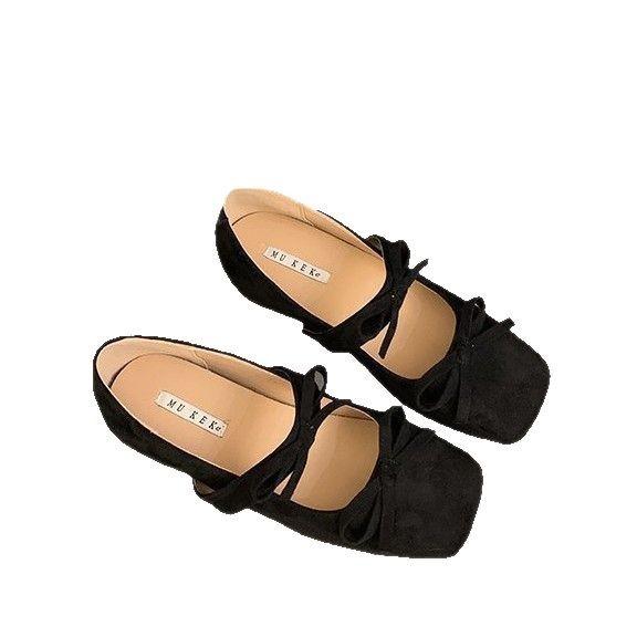 Gentle Bow Ballet Shoes with One Word French Inner Height Increase Mary Jane Shoes Women's Spring and Autumn Suede Platform Single Shoes