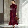 2025 Women's Elegant Gold Velvet Long Sleeve Waist-Gathering Big Swing Dress for Autumn/Winter