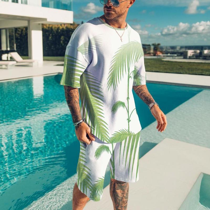 Men's 3D Printed Sports Two-Piece Set O-Neck T-Shirt Plant Pattern Printing Casual Fitness Short Sleeve Tops Shorts