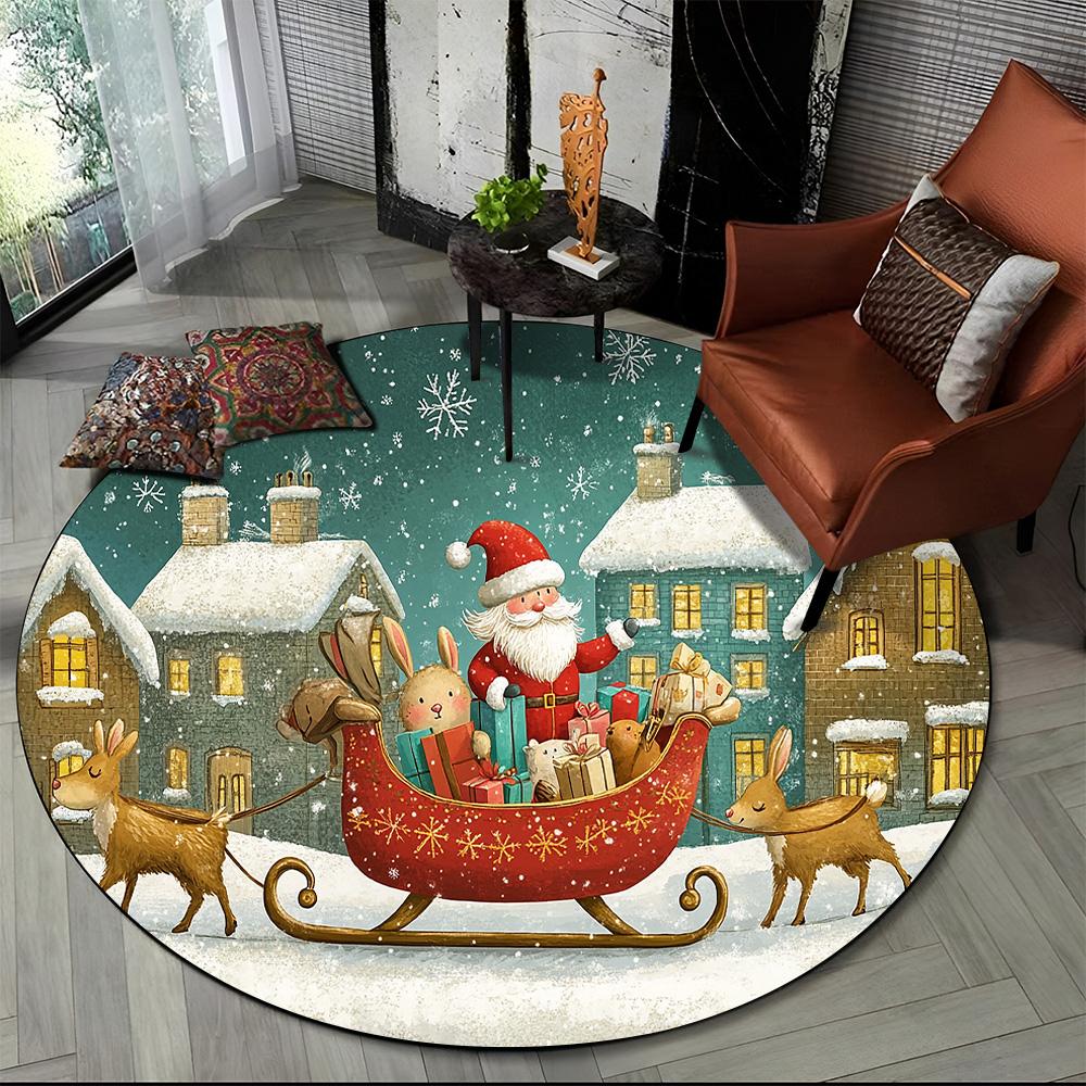 Cartoon Santa Claus Merry Christmas Snowman New Year Round Carpet Rug for Bedroom Living Room Sofa Decoration,Decor Floor Mat