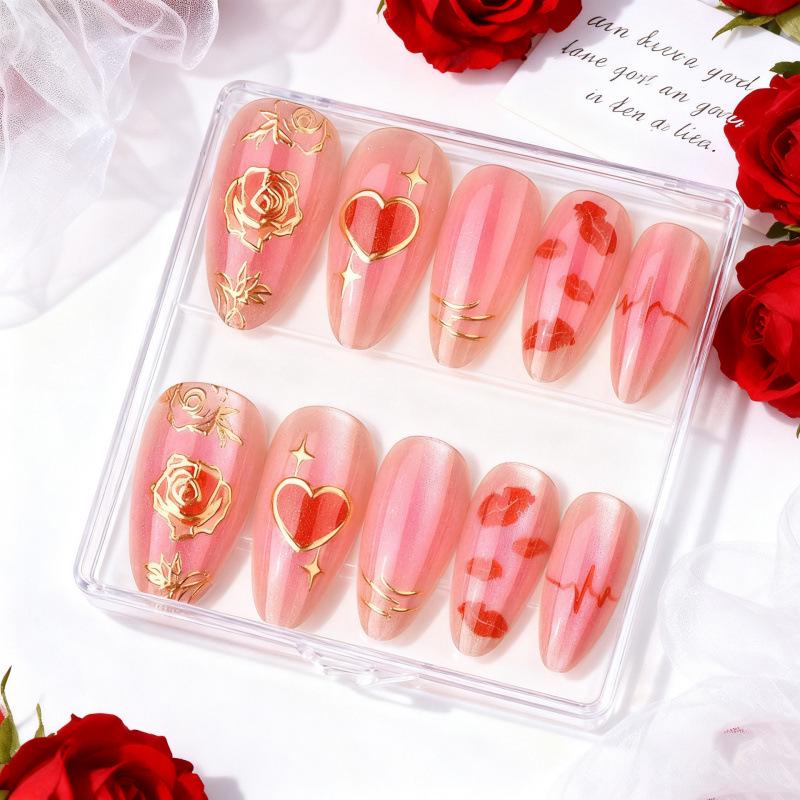 24-Piece Gold-Plated Valentine s Cat Eye Blush Nails with Rose and Heartbeat Design