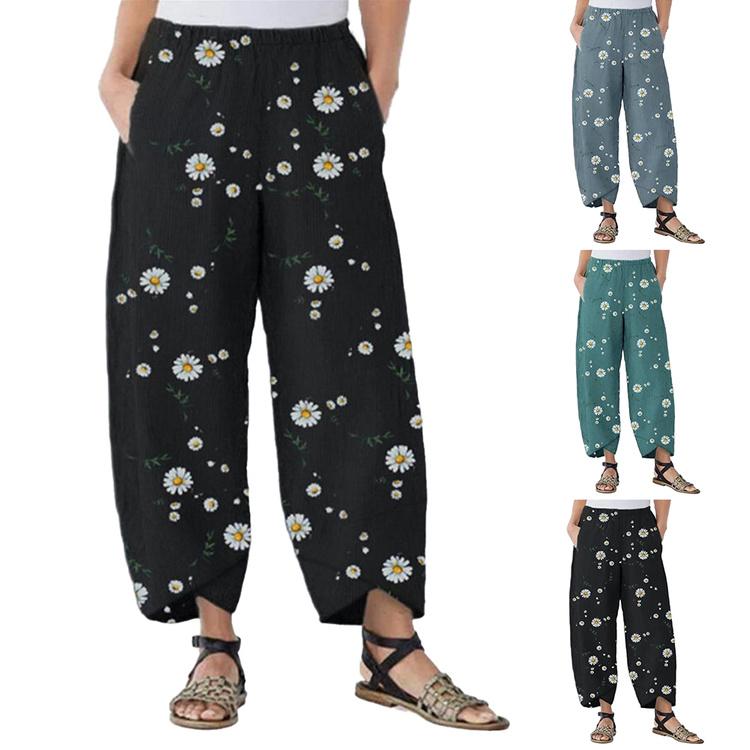 Womens Daisies Printed Baggy Pants Plus Size High Wide Legs High Waist