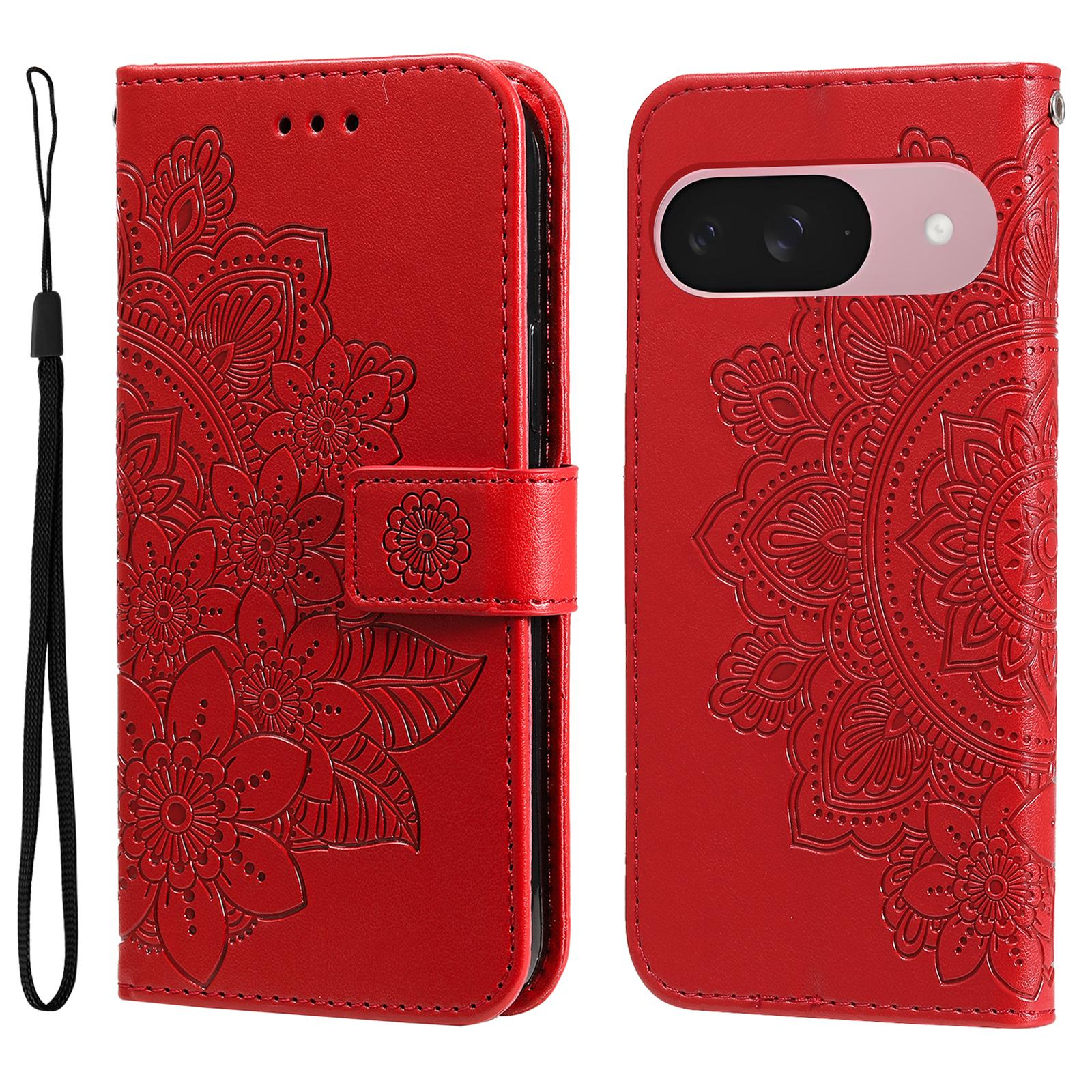 

For Google Pixel 9a Case Floral Pattern PU Leather Wallet Stand Phone Cover Red
