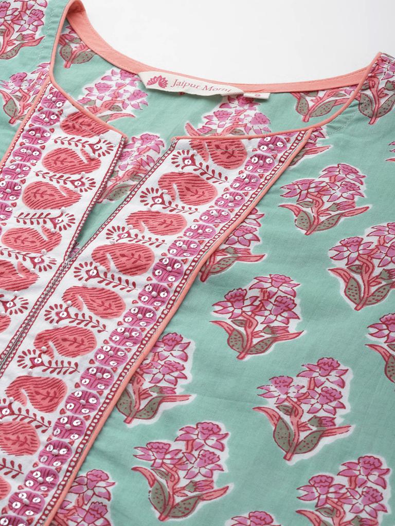 Sea Green Printed Sequinned Pure Cotton Kurti