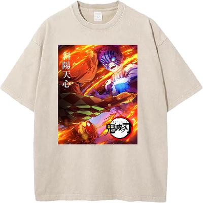 Demon Slayer Tanjirou Akaza Printed Tshirt Men Washed Cotton T-shirts Oversized Streetwear Manga Vintage Tee Harajuku Male Tops