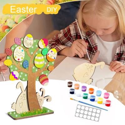 Easter Wooden Ornaments Children's DIY Painted Desktop Ornaments Easter Eggs Cabin Puzzle Ornaments With Paint