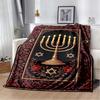 Golden Menorah Star David Red Floral Vintage Frame Black Print Soft Flannel Throw Blanket Sofa Bed Religious Holiday Warm Decor Cover
