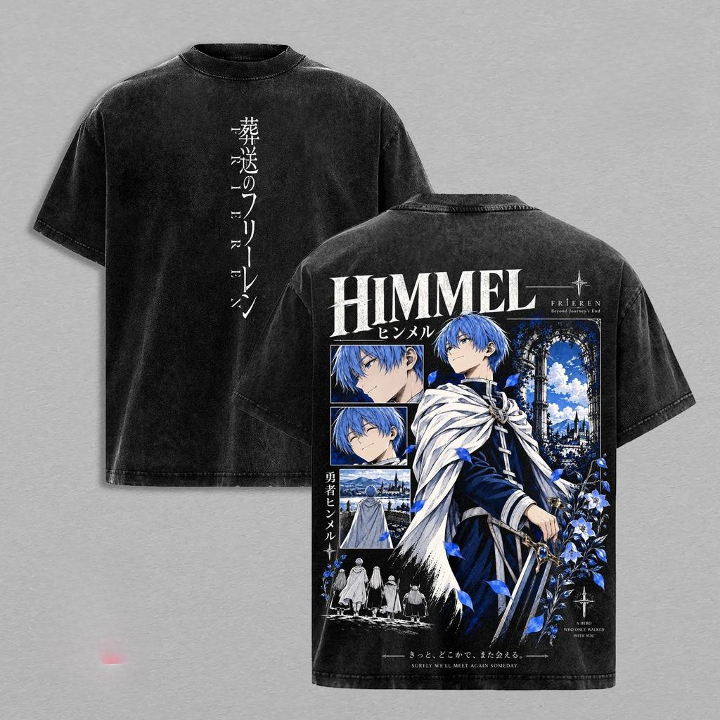 Himmel Printed Streetwear Anime Frieren Clothing Men Women Vintage Washed T-shirts Short Sleeve Tshirt Casual Cotton T Shirt