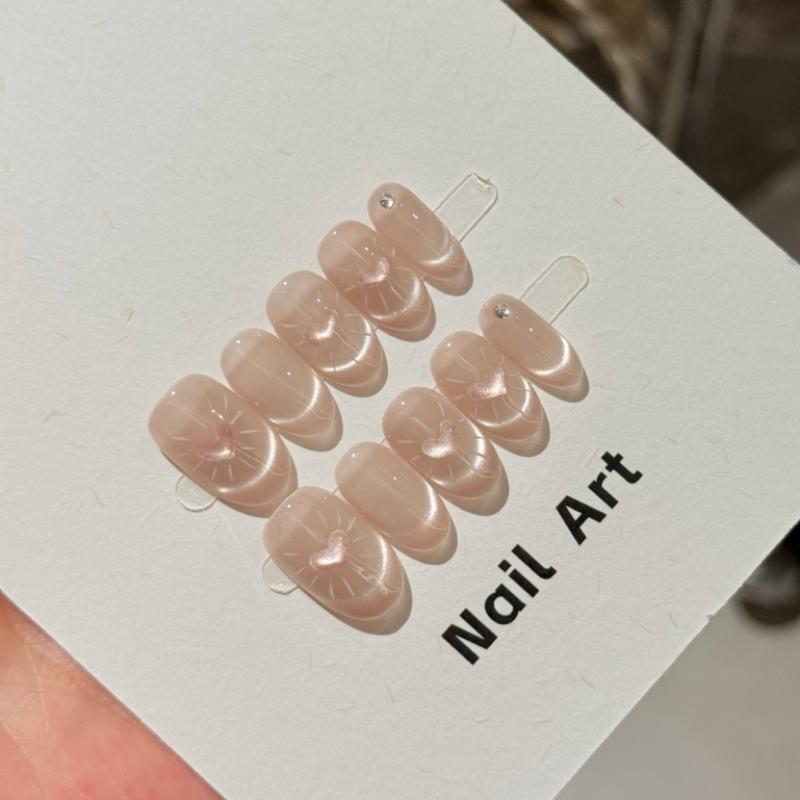 10Pcs Handmade Pink Cat Eye Fake Nails with Heart & Rhinestone Accents XS