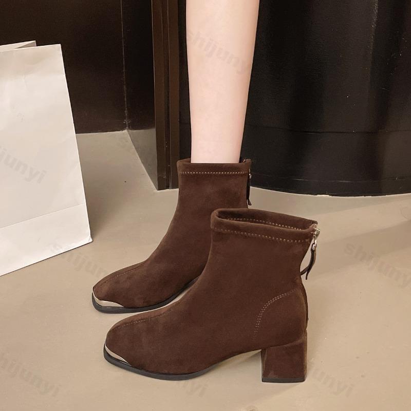 Women's Square Heels High Heeled Shoes Autumn New Fashion Zipper Vintage Short Boots Luxury Outdoor Non Slip Comfort Ankle Boots