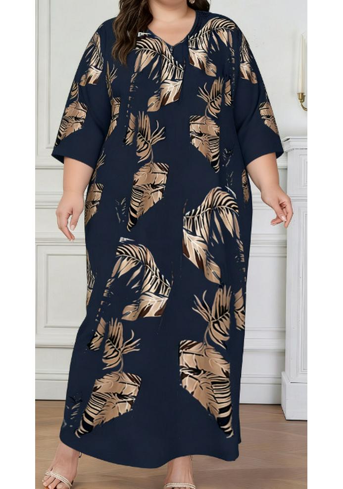 Plus Size Long Sleeve V-Neck Leaf Floral Print Elegant Dress XXXL темно-синий