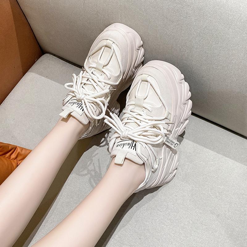 Fashion New Women Platform Sneakers Spring Autumn 8cm Chunky High Heels Bling Red Ladies Wedges Casual Dad Shoes Leather Sports Sneakers