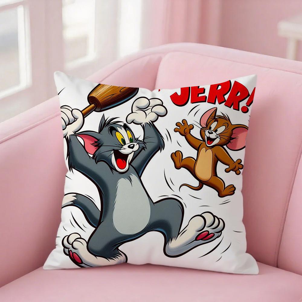 Husa de Pernă Amuzantă Desen Animat T-Tom și J-Jerry Pătrată Imprimare Față-Verso Pluș Scurt Husă Pernă Canapea Dormitor Noptieră