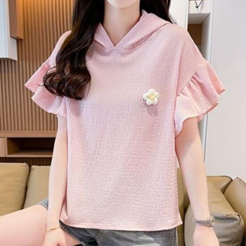 Navava Ladies Lovely Flower Frill ShorT Sleeve Hooded T shirT nT2821