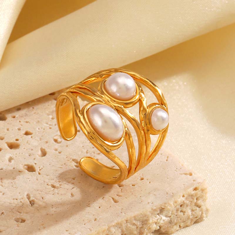 Vintage Stainless Steel Wide Thick Rings for Women Men Classic Imitation Pearl Hollow Opening Rings Charm Banquet Jewelry Gifts