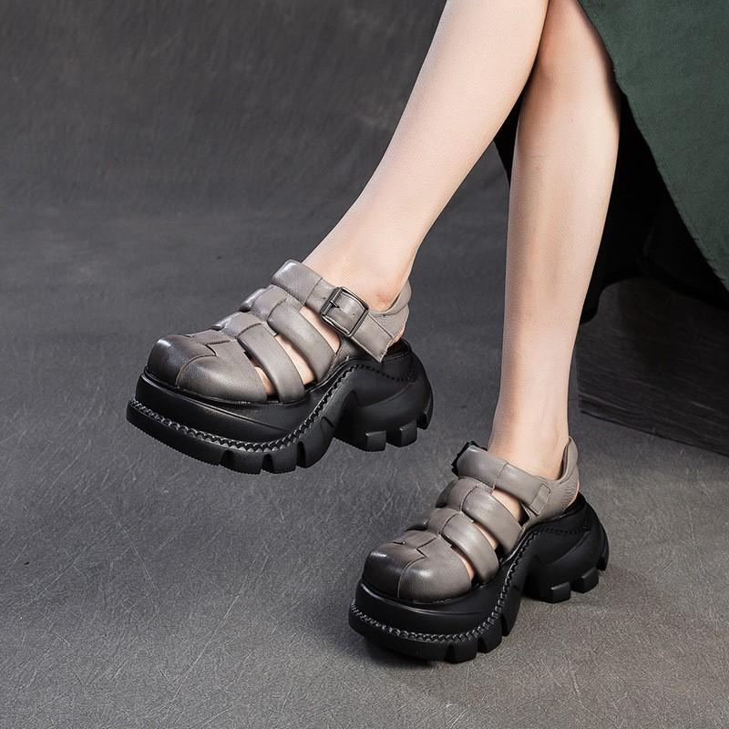 GKTINOO Round Toe Woven Breathable Hollow-out Thick Soled Sandals 2025 Summer New Casual Versatile Women's Platform Shoes