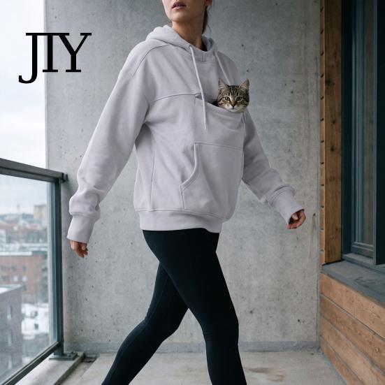 Casual Pullover Top Women Hoodie with Pet Pouch, Solid Color Hooded Sweatshirt Kangaroo Cat Pouch Pocket Pocket, for Carrying Small Dogs Cats