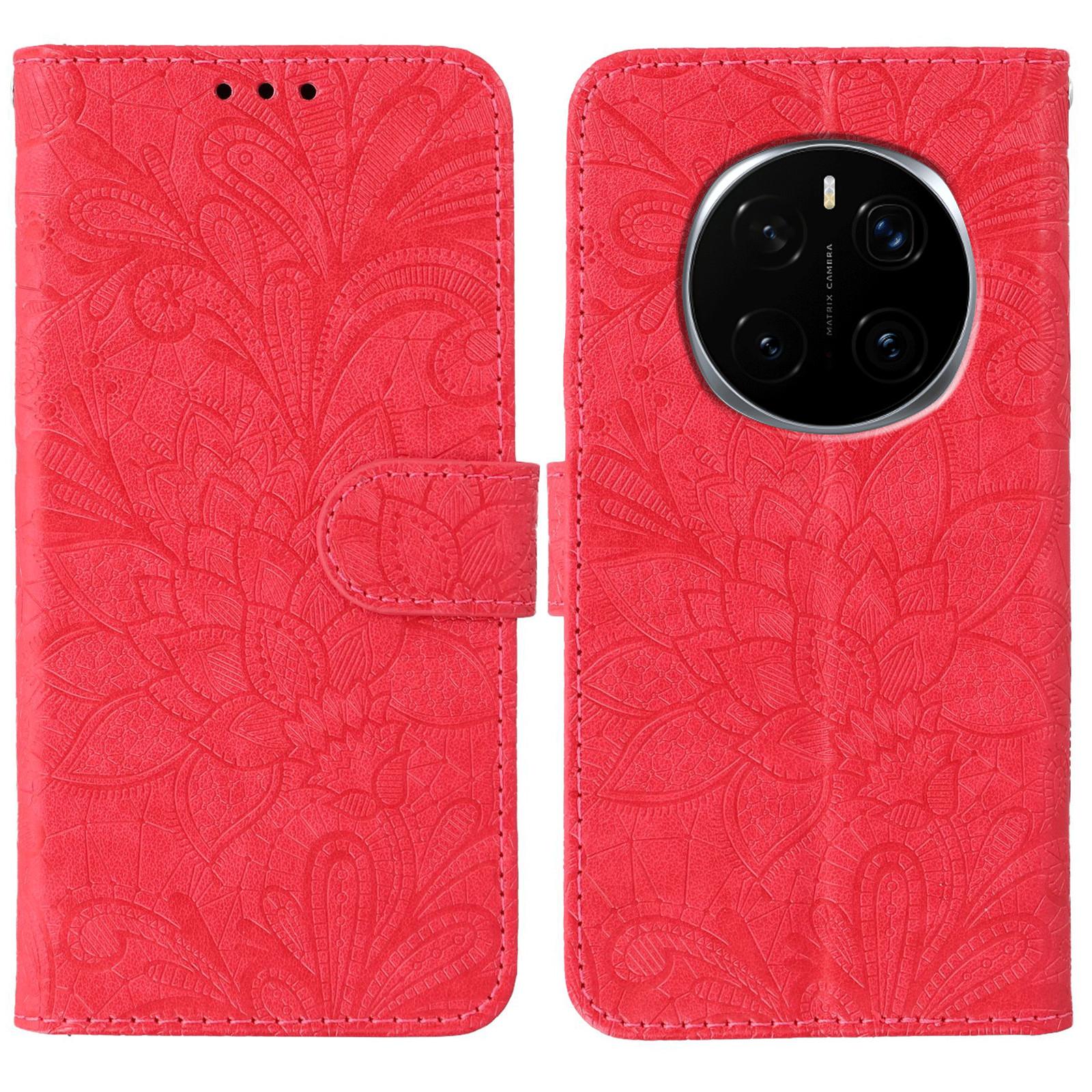

For Honor Magic7 Pro 5G Case Lace Flowers PU Leather Flip Wallet Phone Cover Red
