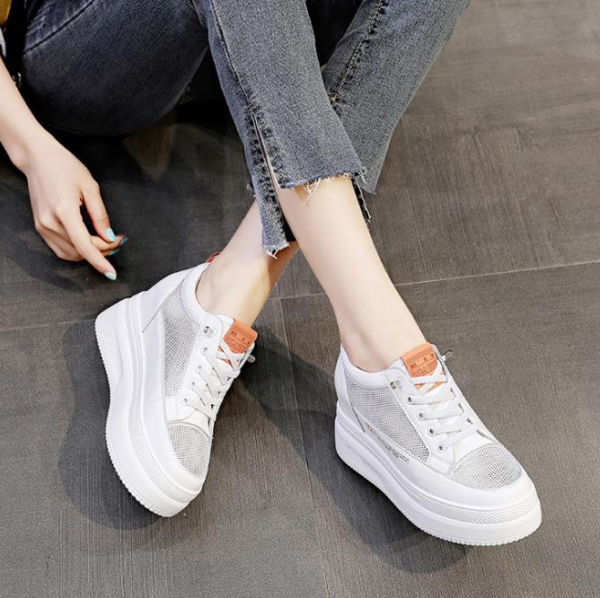 Fashion 8.5cm Platform Wedge Sneakers Height Increased Shoes Genuine Leather for Women Spring Autumn Shoes White