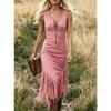 Women Retro Western Cowgirl Sleeveless Slim Fit Fringe Hem Irregular Midi Dress