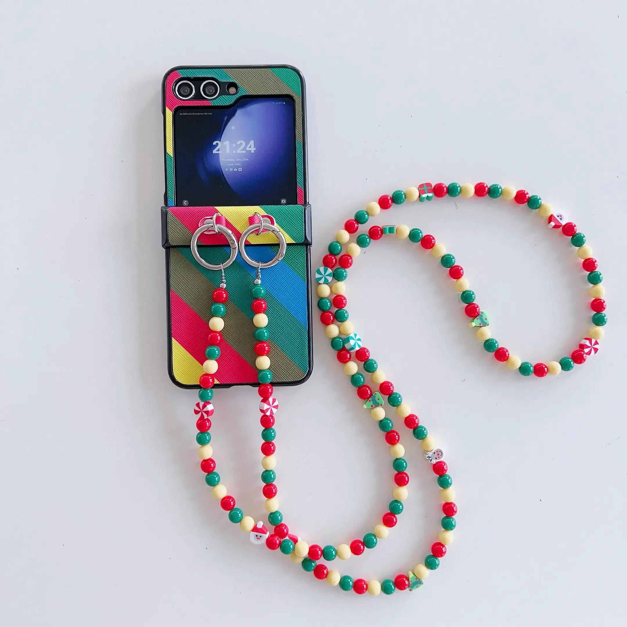 

Чехол-ремешок из искусственной кожи с цветным бисером и рождественским принтом для Samsung Galaxy Z Flip 6 5 4 3 с защитой шарнира для телефона For Samsung Galaxy Z Flip 3