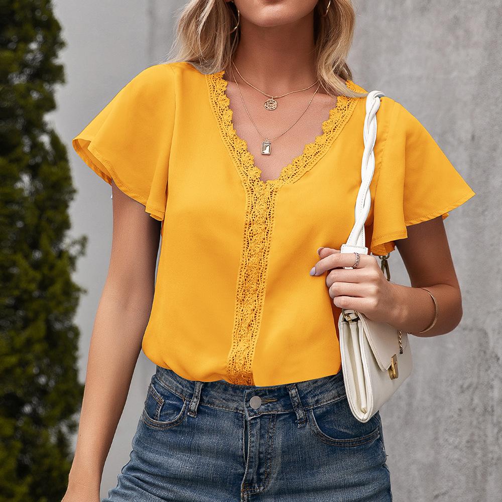 Sommer Einfaches Temperament Damen T-Shirt V-Ausschnitt Lässige Lose Hohle Kurzarm Tops