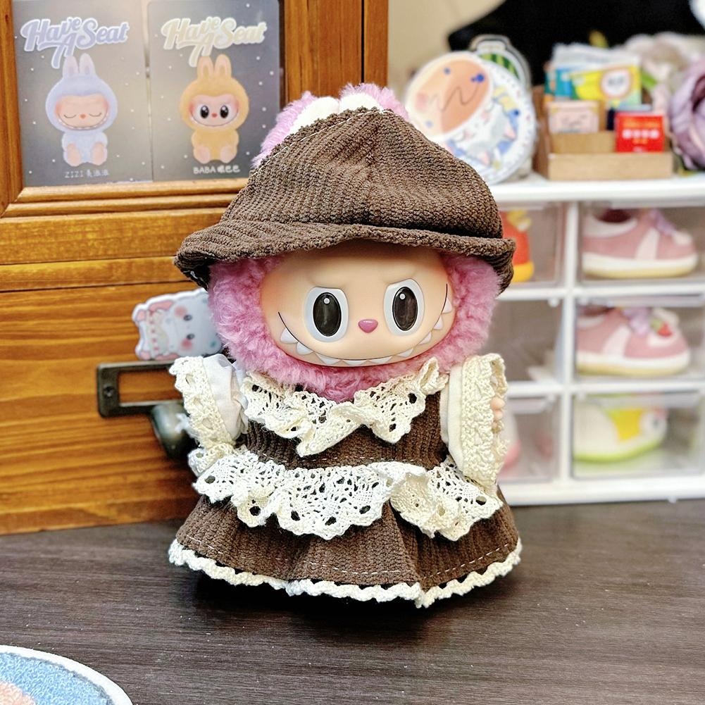 Doll Clothes Lace Stitching Brown Dress Suit Mini Fashionable Keychain Dolls Decoration Accessories for 17CM Labubu