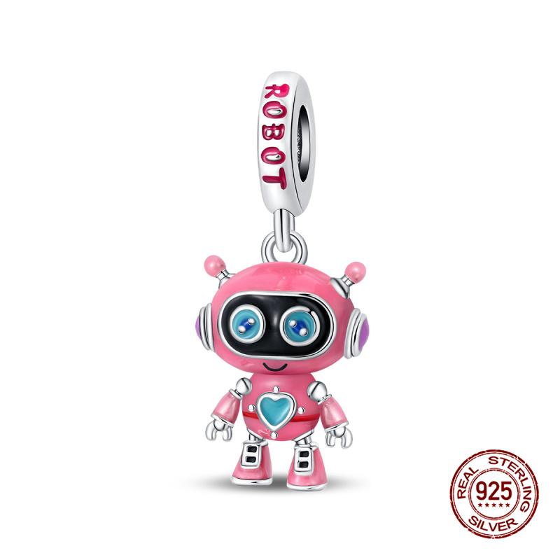New In Original Charms Copper Sweet Pink Robot Charm Beads Fits 3Mm Original Bracelets For Womens Diy Fine Jewelry Gift