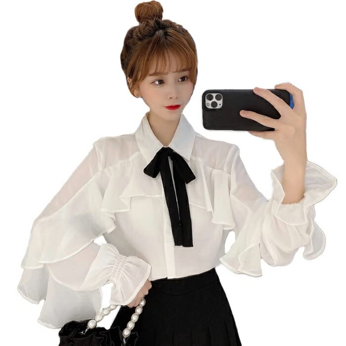 

RomelCheo White Chiffon Ruffle and Ribbon Long Voluminous Puff Harajuku and Mature Women s Blouse, Sleeve, See-Through, Sleeves, Sheer, Elegant,