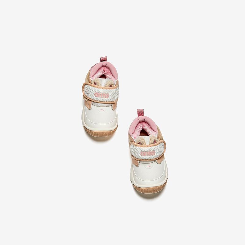 Anta Kids Synthetic Leather Outdoor Series 5U Fleece Lightweight Shock Absorbing Warm Low Top Walking Shoes Baby Shoes White Khaki Pink A22440058-2