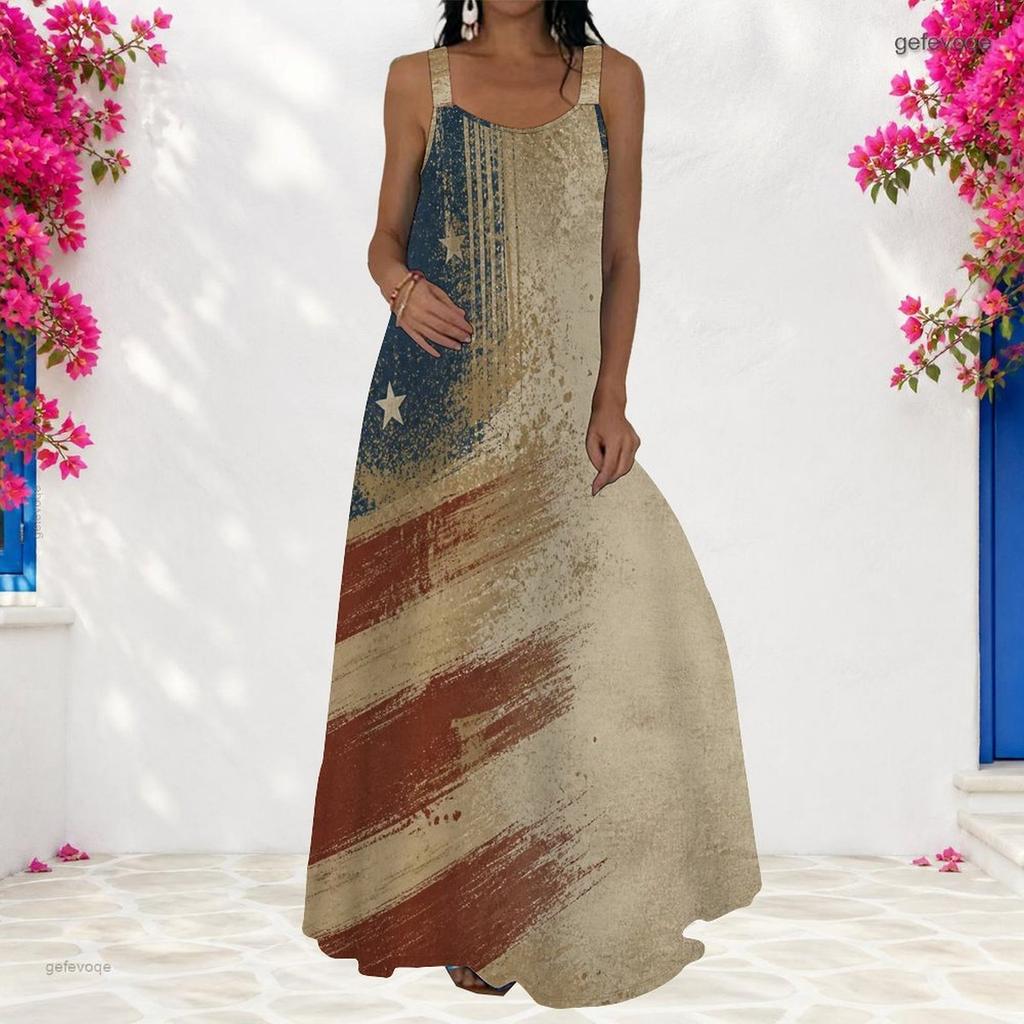 Women Plus Size Scoop Neck Strappy Sleeveless American Flag Printed A Line Long Dress