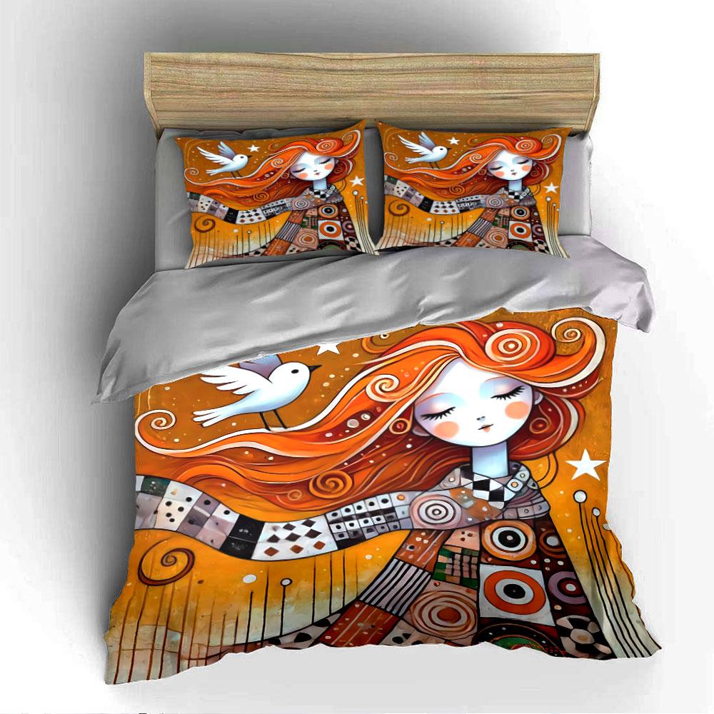Whimsical Girl with Bird Art Bedding Duvet Cover Set Duvet Cover Pillowcases  (1*Duvet Cover 2*Pillowcases, without duvet insert)