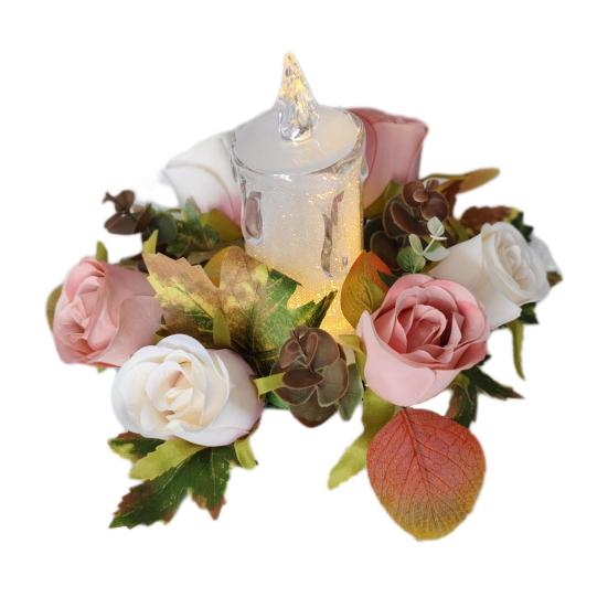 Artificial Rose Candle Ring Fake Rose Wreath with Maple Leaves Pillar Candle Wreath Table Centerpieces for Home Candlelight Dinner Wedding Party Decor