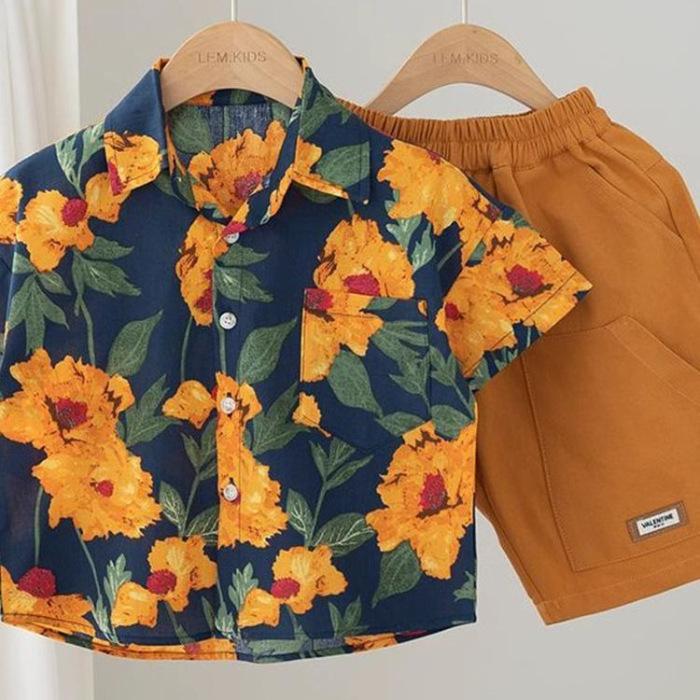 Boys Summer Lightweight Breathable Short Sleeve Floral Shirt Korean Trendy Top 90