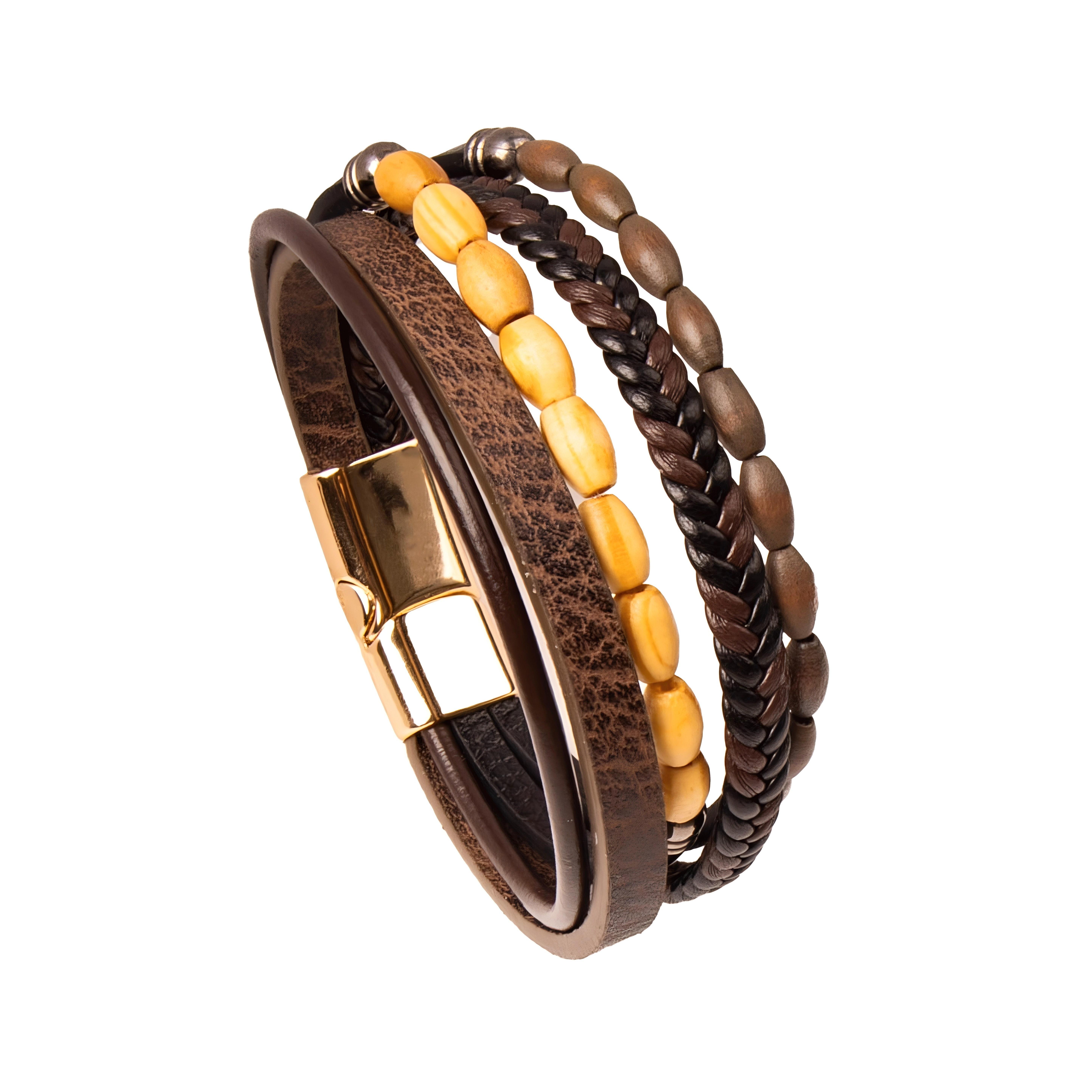 Men s Multi-Layer Bracelet, Braided Band with Wooden & Tiger Eye Beads, Magnetic Clasp, Boho Style