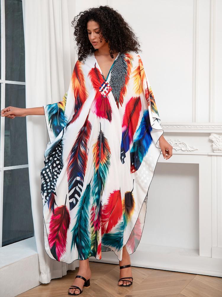 EDOLYNSA Plus Size Kaftan Bohemian Multicolored Leaves Printed Summer Long Beach Dress Women Homewear Outfit Swim Suit Cover Up Loose Caftan