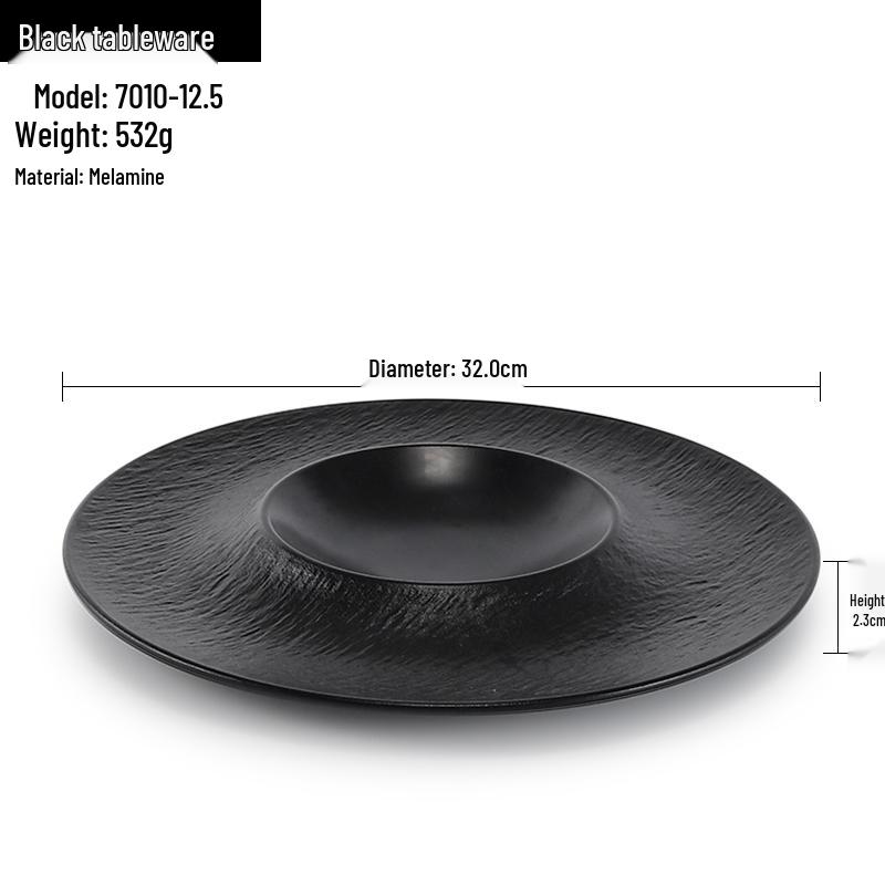 Melamine Black Round Plate for Pasta, Steak, Hot Pot, BBQ, and Tableware
