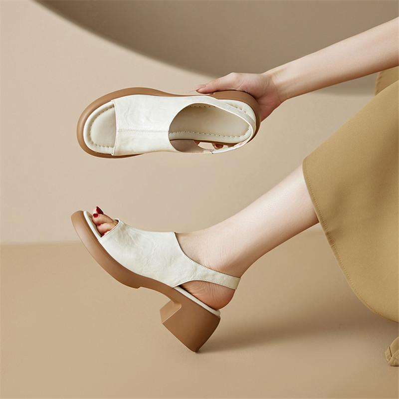 Fashion New Split Leather Summer Sandals Round Toe Sandals for Women High Heels Fashion Chunky Heels Sandal Platform Shoes Ladies Shoes