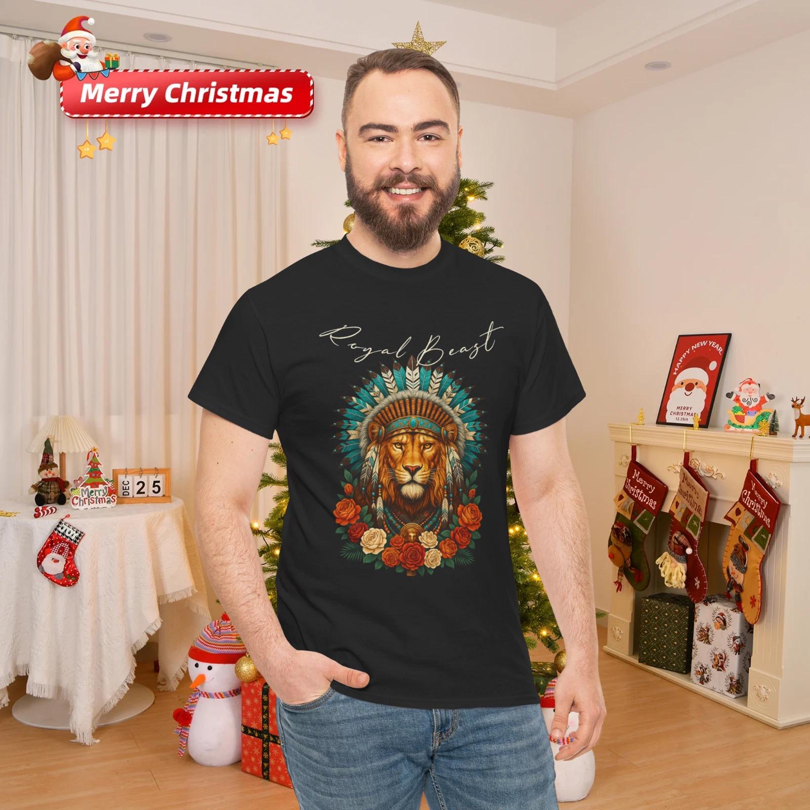 Regal Beast Lion Headdress Floral Graphic Tee Bold Tribal Style T-Shirt L