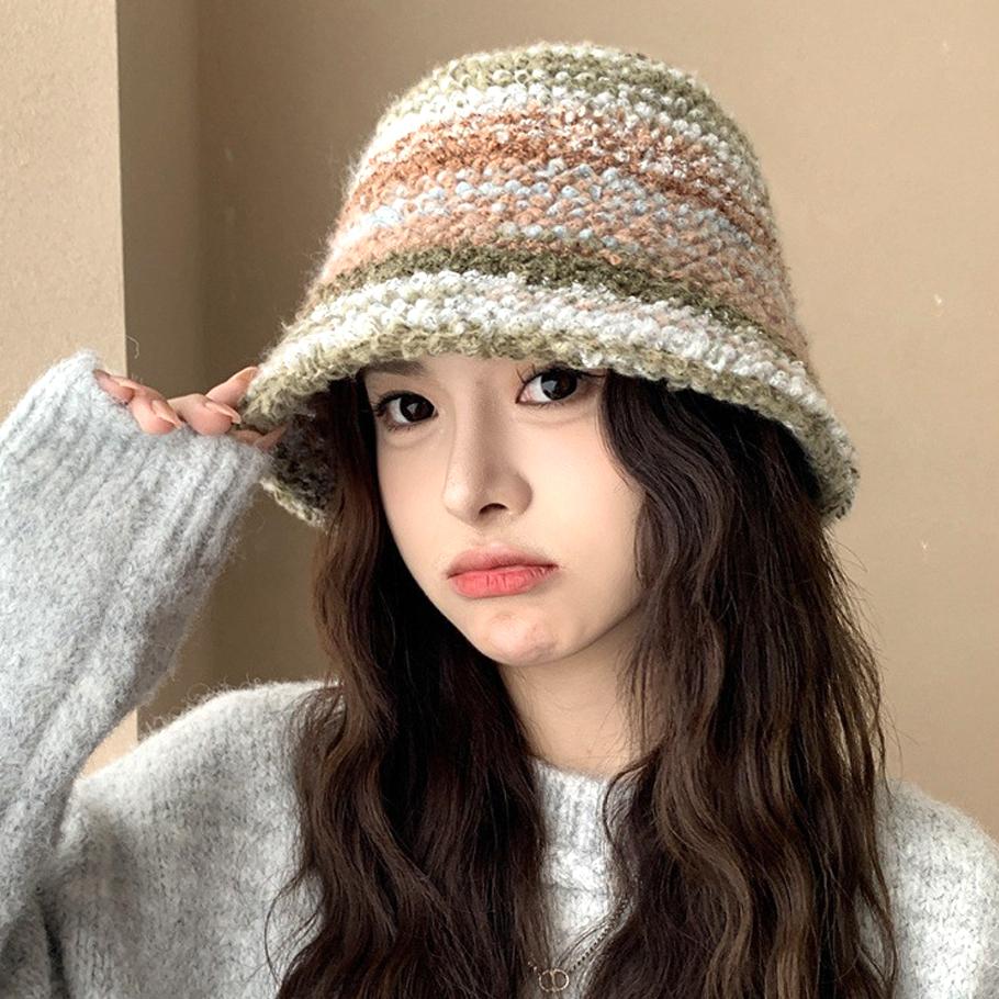 Colourful Knitted Bucket Hat Women Korea Autumn Winter Warm Dopamine Warm Fisherman's Hat Star Model Thickened