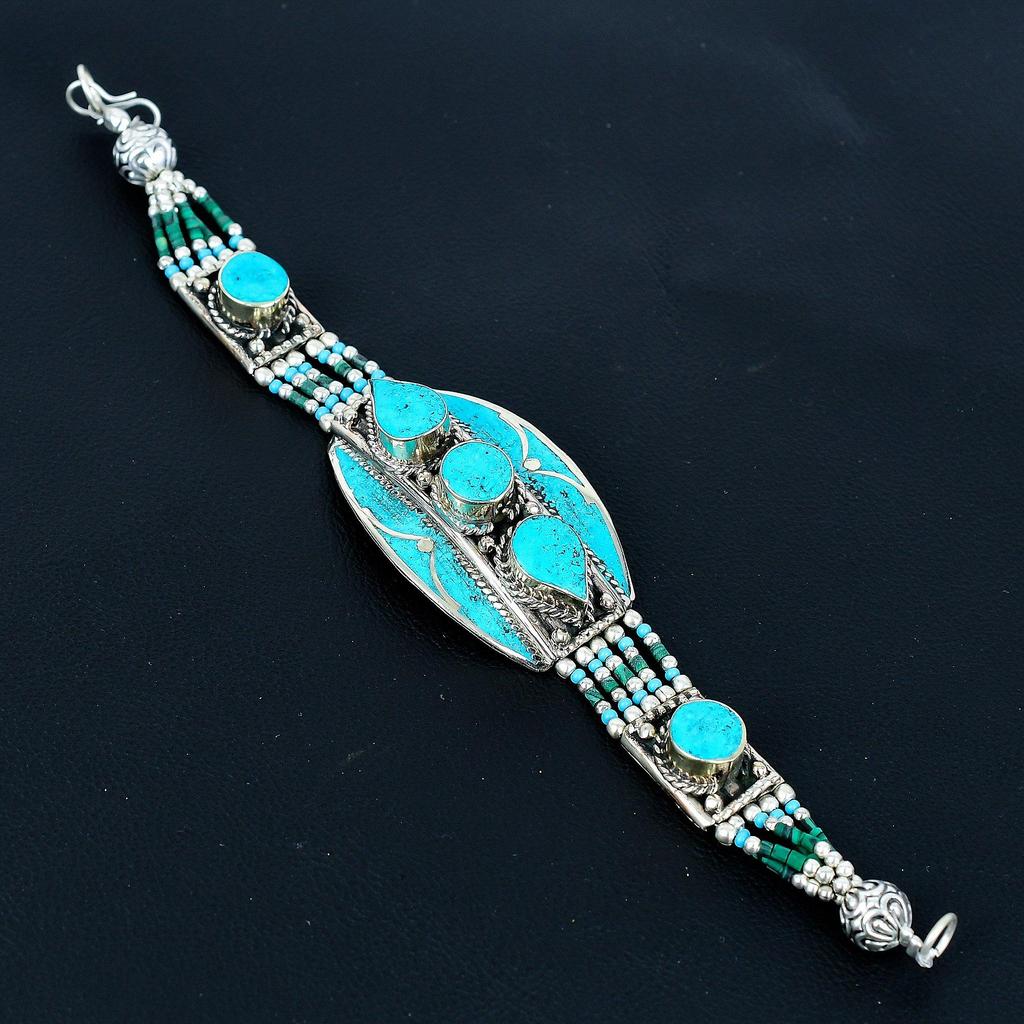 Turquoise 925 Sterling Silver Bracelet Tibetan Silver Bracelet Handmade Bracelet Asian Nepal Jewelry Bohemian Statement Bracelet Baho Charm Jewelry