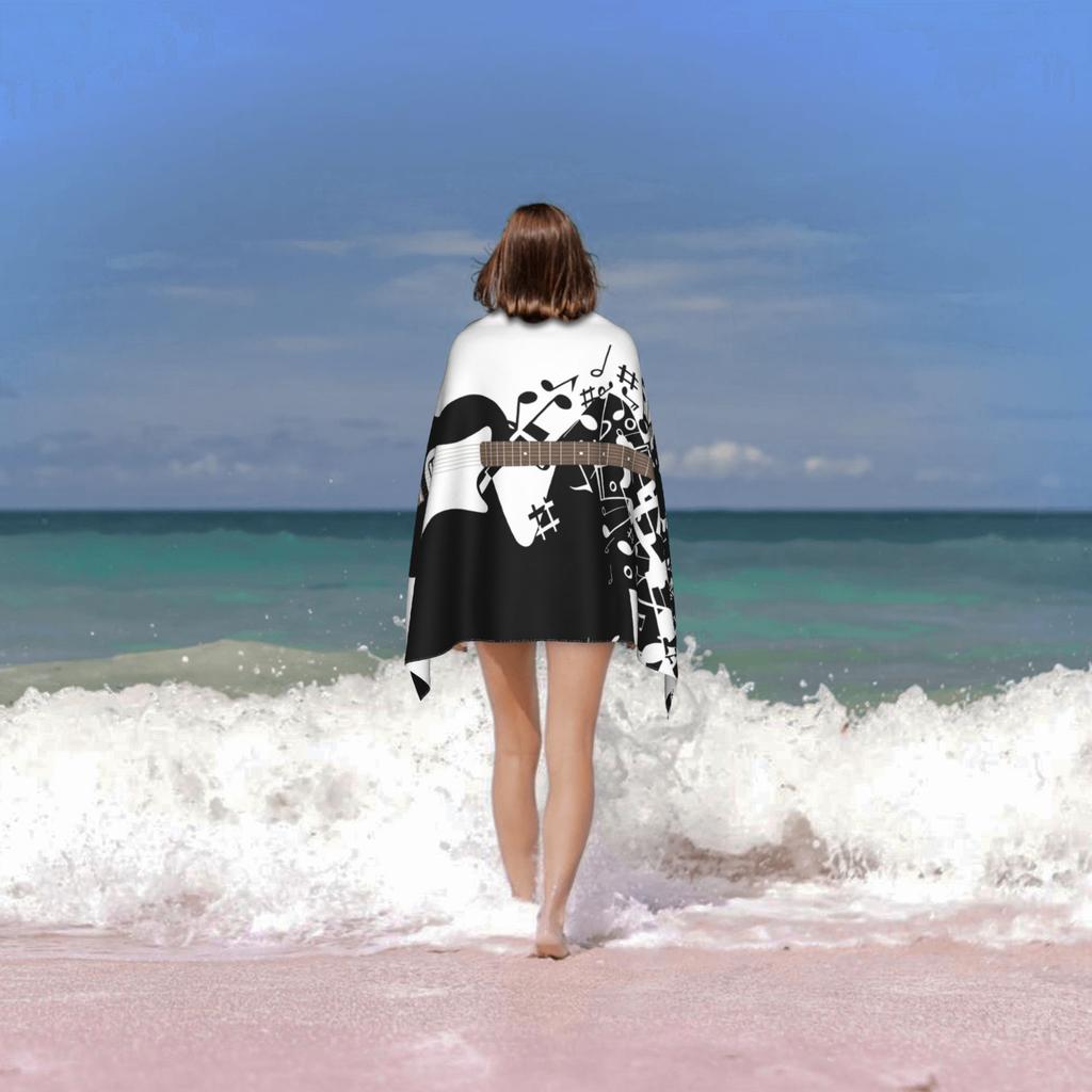 Asciugamano da Spiaggia con Motivo di Note di Chitarra Bianco e Nero a Tema Musicale Poliestere Ultra-Fine a Maglia Rapida Lavabile in Lavatrice