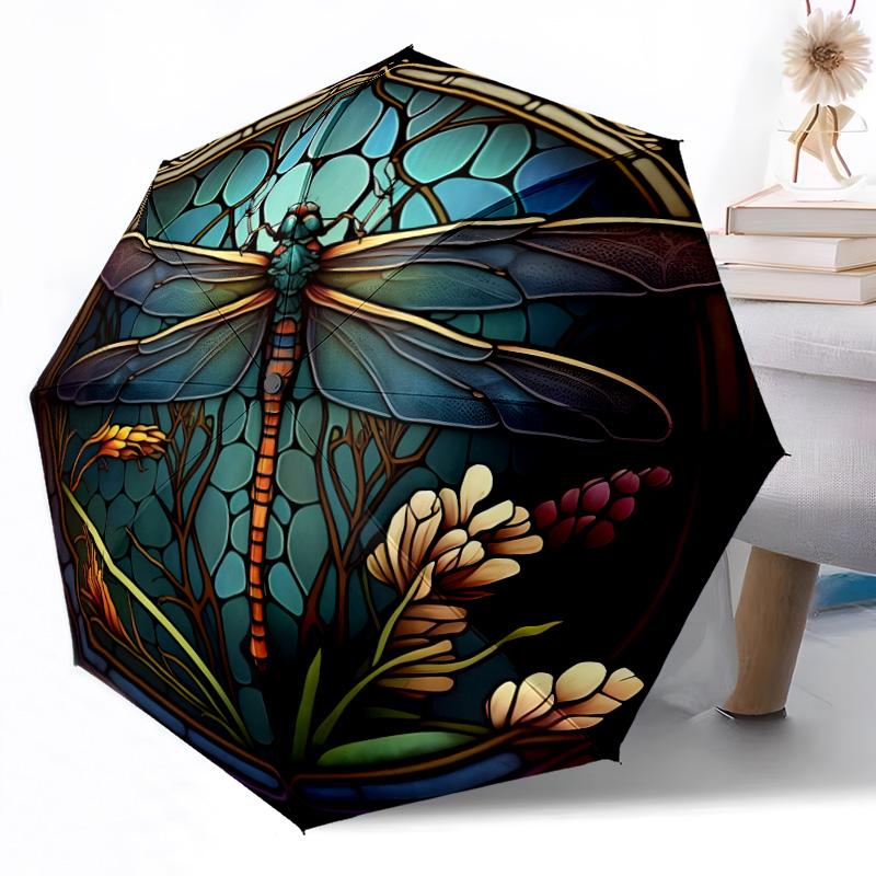 1 szt. Automatyczna parasolka z funkcją składania, projekt Art Nouveau z ważką, składana parasolka z 8 żebrami, kompaktowy design, idealna na przygody na świeżym powietrzu Y8