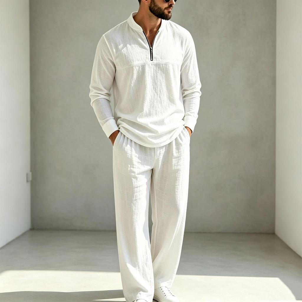 Men's Linen Two Piece Set Long Sleeve Shirt and Pants Casual Loose Fit Outfit